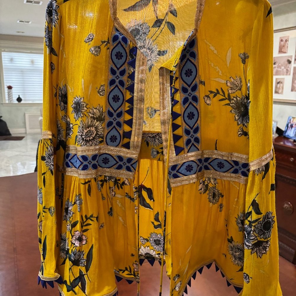 A & B Yellow, blue and gold floral "boho chic" open bell sleeve cardigan